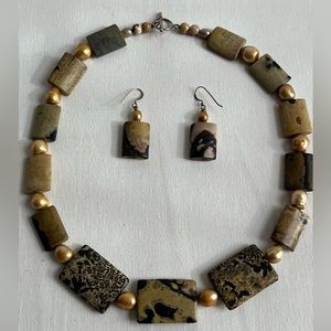 Jasper and Gold Pearl 18” Necklace and Earrings Set Sterling Silver